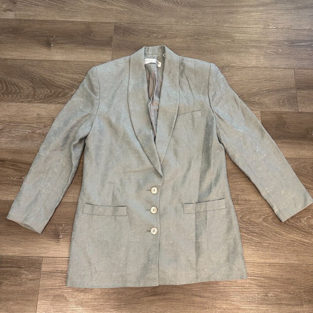 Vintage 90s Damask Linen Shawl Collar Blazer Jacket Light Sage Gray Size 12